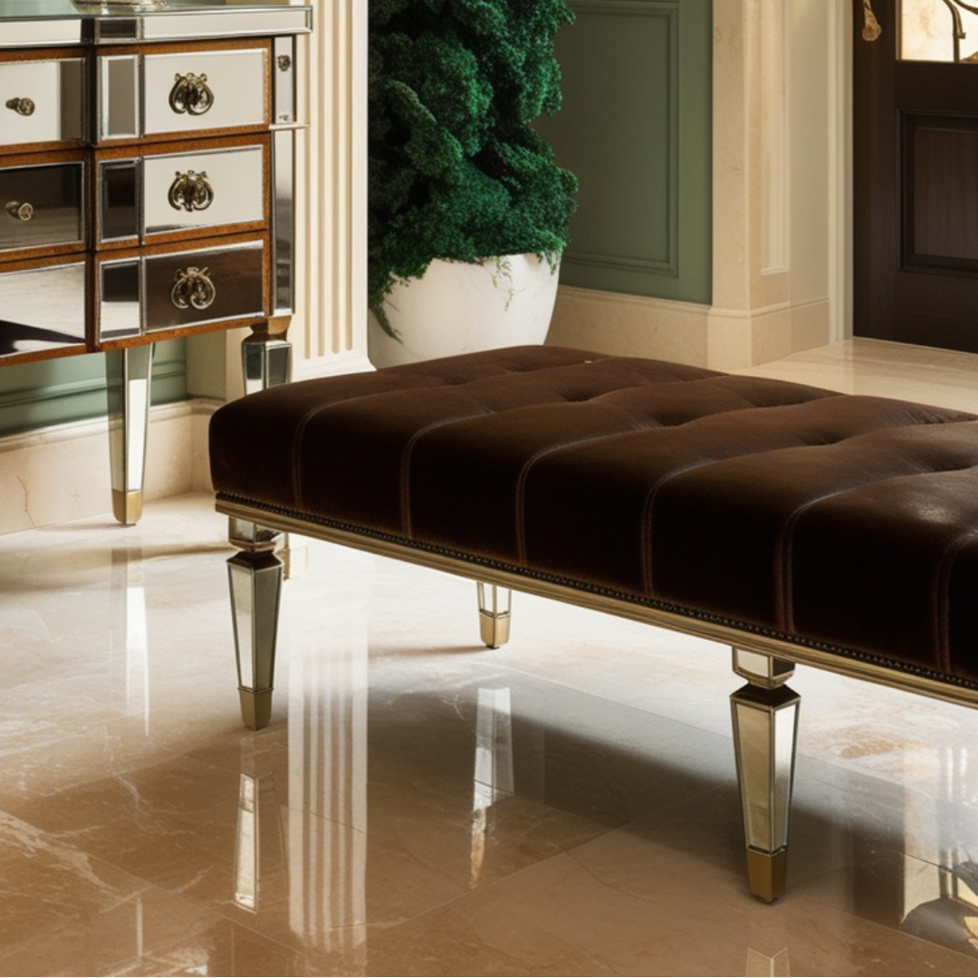 Leather Upholstered Mirrored Bench Venetian Design