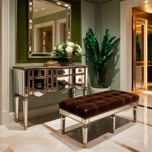 Leather Upholstered Mirrored Bench Venetian Design