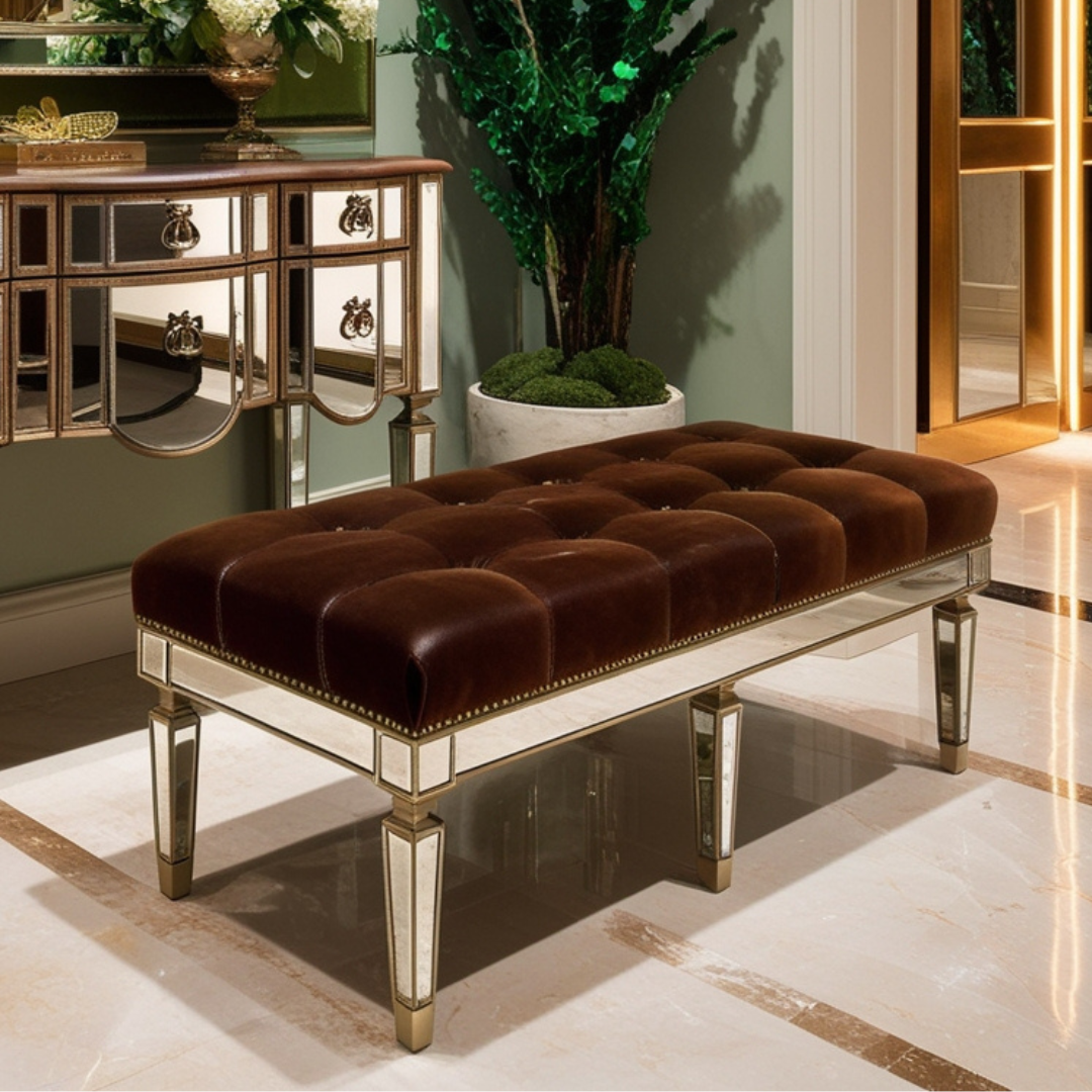 Leather Upholstered Mirrored Bench Venetian Design