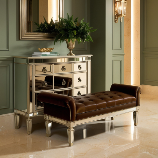 Leather Upholstered Mirrored Bench Venetian Design