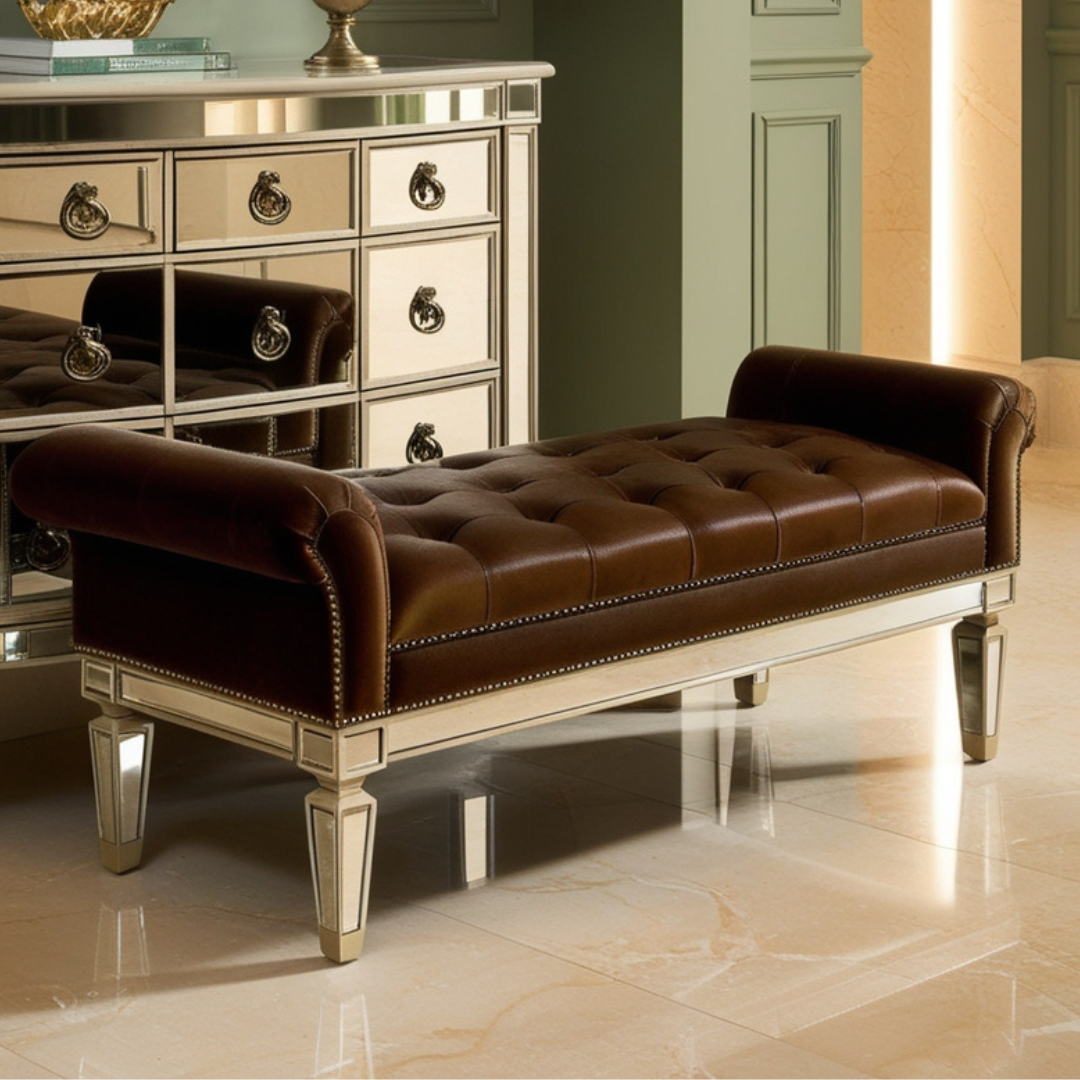 Leather Upholstered Mirrored Bench Venetian Design
