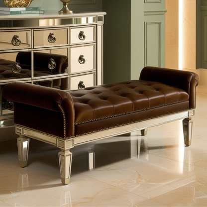 Leather Upholstered Mirrored Bench Venetian Design