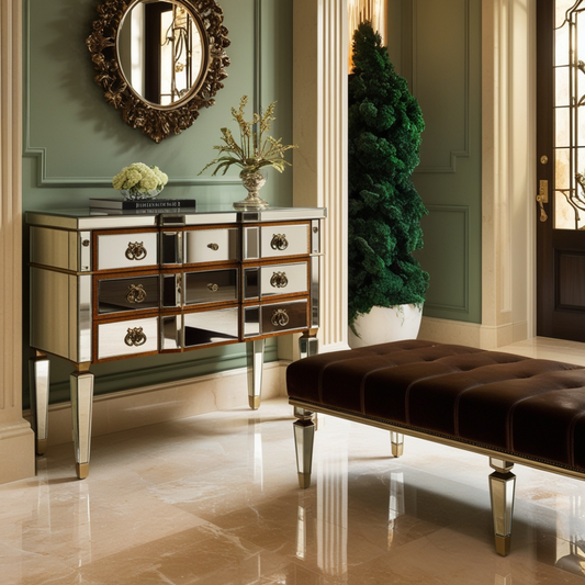Leather Upholstered Mirrored Bench Venetian Design