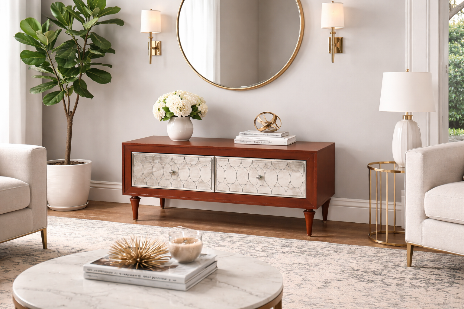Mid-Century Modern 4ft Long Wooden Console with Mirrored Drawers ...