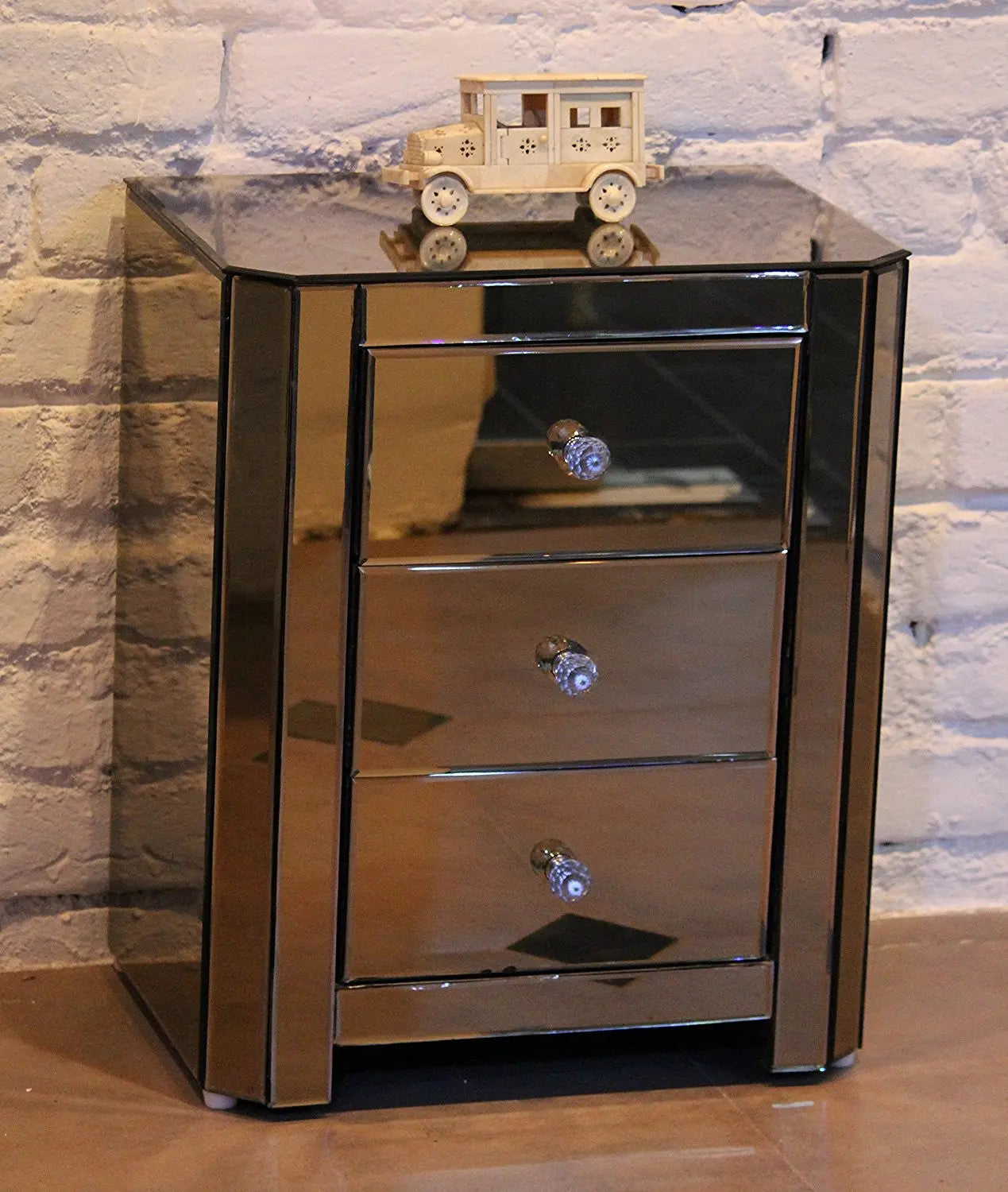 Mirrored Bed Side Table, 3 Drawer , Bronze Coloured Glass, VDMF402 Venetian Design