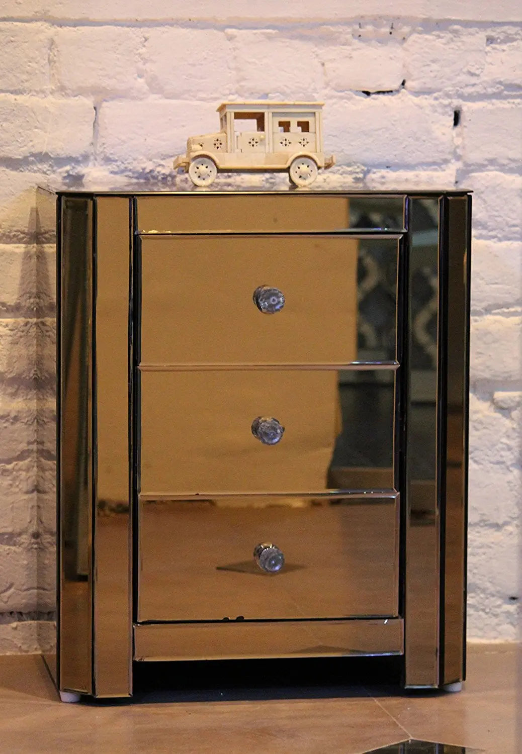 Mirrored Bed Side Table, 3 Drawer , Bronze Coloured Glass, VDMF402 Venetian Design