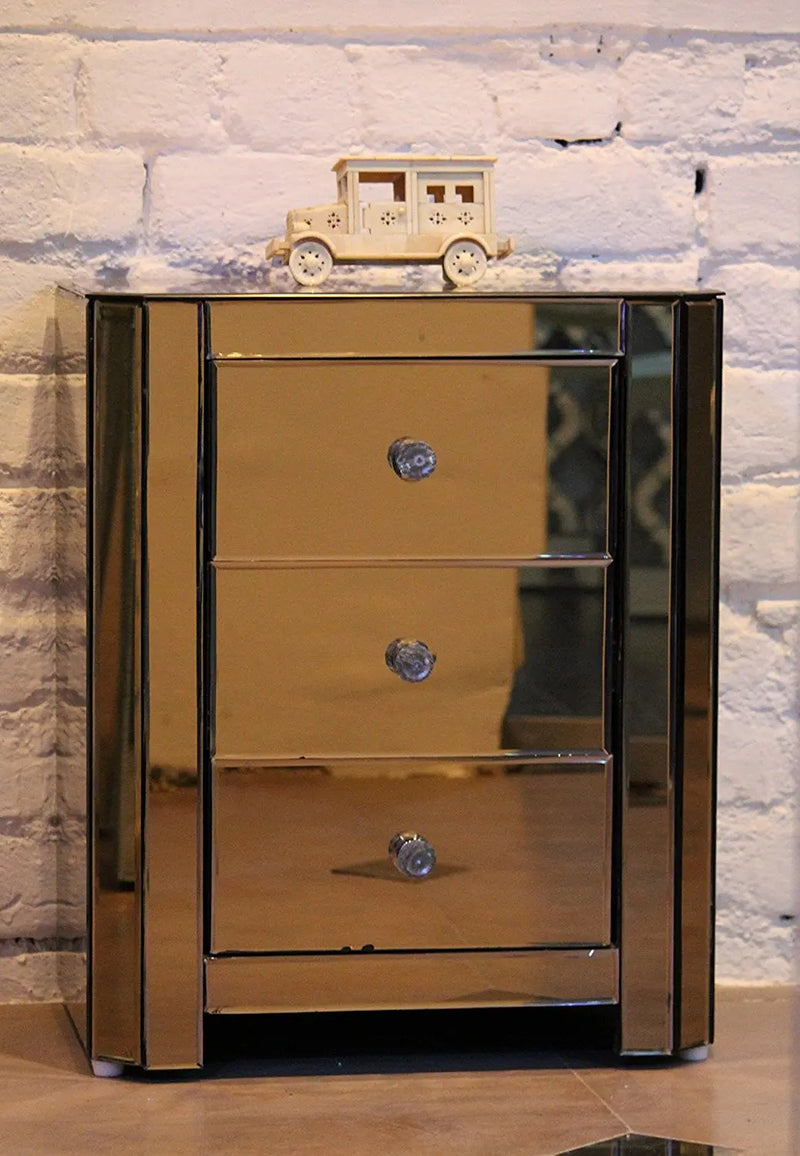 Mirrored Bed Side Table, 3 Drawer , Bronze Coloured Glass, VDMF402