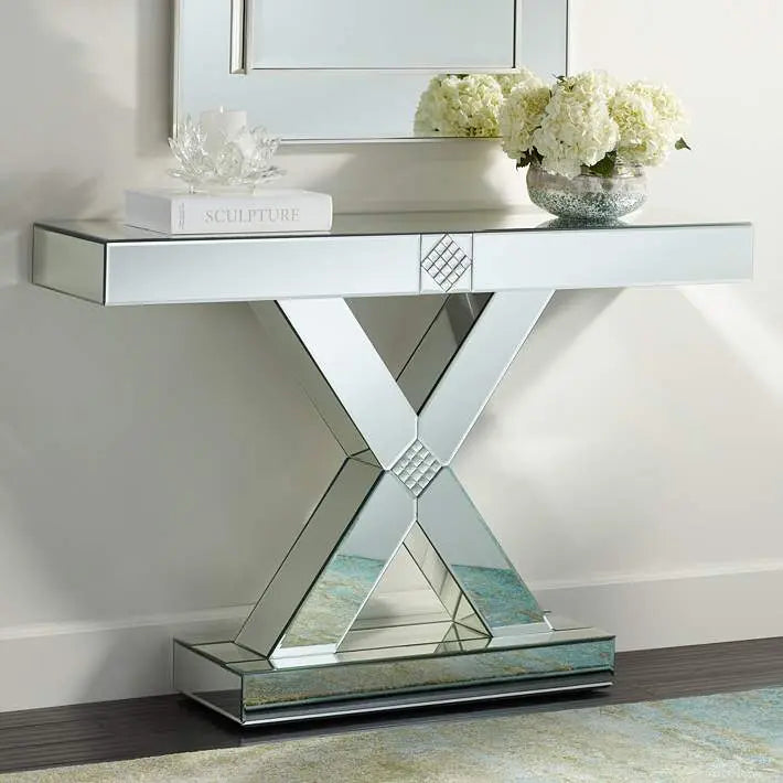 Medina 46" Wide Mosaic X-Frame Mirrored Console Table VDMF530 Venetian Design 100% Heart Made Products