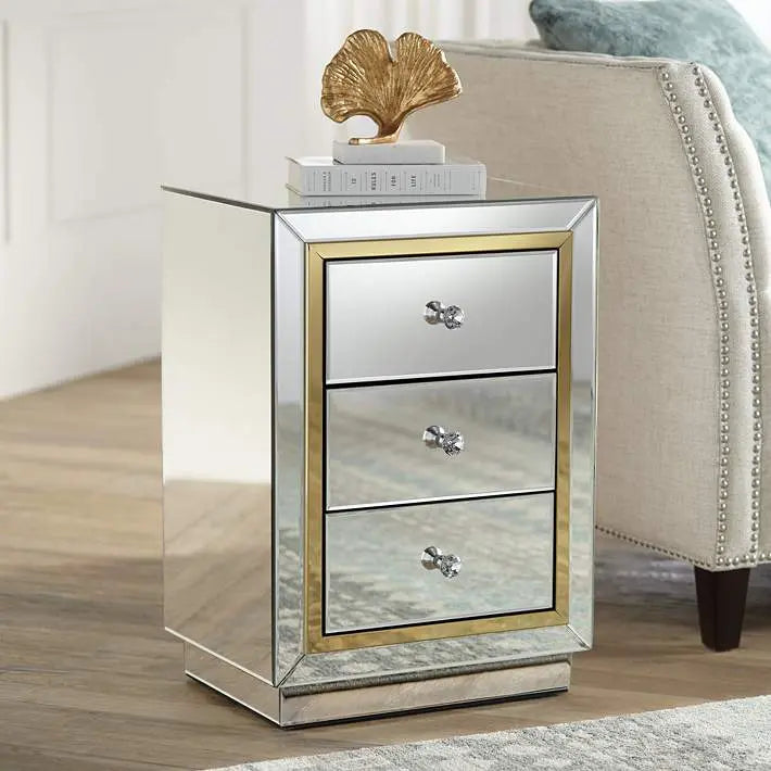 Laila 18" Wide Gold-Trimmed Mirrored 3-Drawer Side Table VDMF534 Venetian Design 100% Heart Made Products